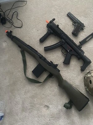 airsoft gun lot, H&K MP5, M14, M1911 Full Metal, Helmet - Image 1 of 4