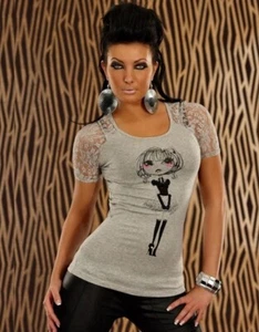 MUJER IMPRESIONANTE ABALORIOS ENCAJE MANGA CORTA ELÁSTICO GRIS TOP TALLA M/L/081 - Imagen 1 de 2