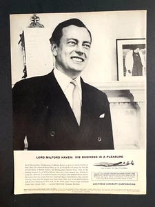 1956 Lockheed Aircraft Corp Print Ad Life Mag 13in x10 in Lord Milford Haven - Picture 1 of 1