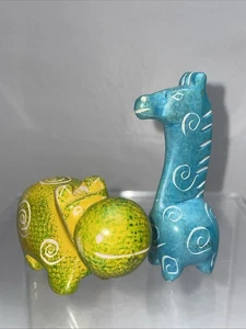 Handcraft Soapstone Figurines: Blue Giraffe & Green/Yellow Hippo Set of 2 - Picture 1 of 8
