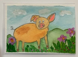 ACEO "Peter Schwein" Acryl Aquarell Original Kunstkarte Nellis 2,5" x 3,5" - Bild 1 von 2