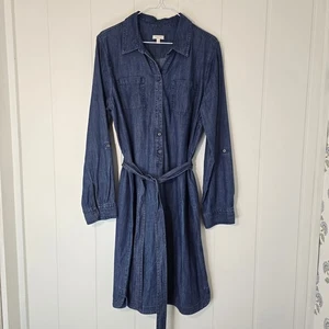 Talbots Denim Shirt Dress Roll Tab Sleeves Belted Pullover Size 14 - Picture 1 of 14