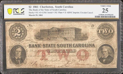 1861 $2 TWO DOLLAR BILL SOUTH CAROLINA BANK NOTE LARGE CIVIL WAR MONEY PCGS 25 - Image 1 of 2