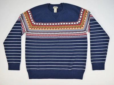 LL Bean Blue Crewneck Fair Isle Cotton Cashmere Blend Large Regular Sweater - Image 1 of 4