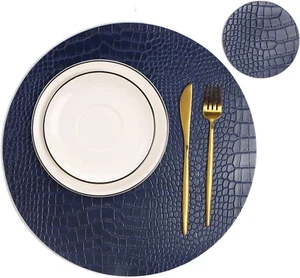 Round Leather Placemats for round Tables Set of 4, Blue Table Place Mats and Coa - Picture 1 of 7