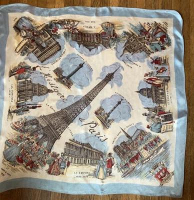 Paris France Scarf Landmarks Eiffel Tower 30" Blue White Victorian Styling Vtg - Image 1 of 4