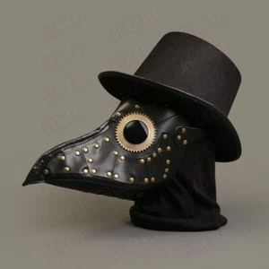 BLACK Steampunk Long Nose Plague Doctor Masquerade Mask Top Hat Costume Set - Picture 1 of 6