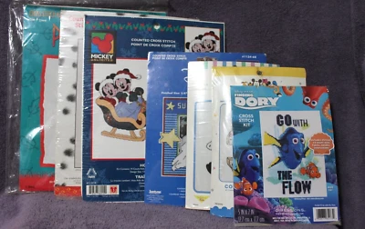 DISNEY CROSS STITCH KITS Lot of 7 Holiday Sleigh Pocahontas Dory Babies Frame - Image 1 of 4