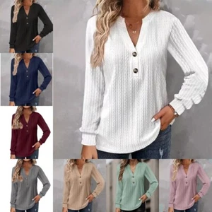 Ladies Jumper Top V Neck Pullover Women Loose Long Sleeve Casual Work Knit Tops - Picture 1 of 18