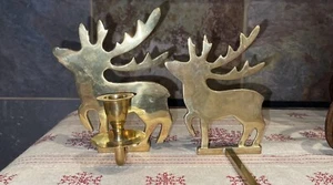 Heavy Brass Moose Deer Reindeer Mantle Stocking Hanger And Candle Holder - Picture 1 of 3