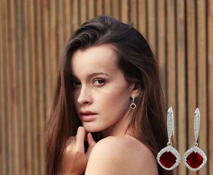 Red Stone Cubic Zircon Square Drop Dangle Womens Earrings UK 925 Sterling Silver - Picture 1 of 12
