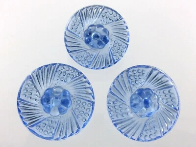 Set Of 3 Blue Color Glass Round Garment Button 0.9in Floral Pattern 776C - Image 1 of 4
