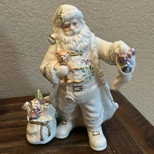 Vintage White Santa Figurine – Pastel Toys & Teddy Bear, 10.5" Holiday Decor - Picture 1 of 17