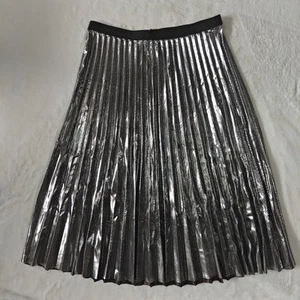 Willow & Clay Small Silver Metallic Pleated Midi Long A-Line Skirt Cocktail - Picture 1 of 3