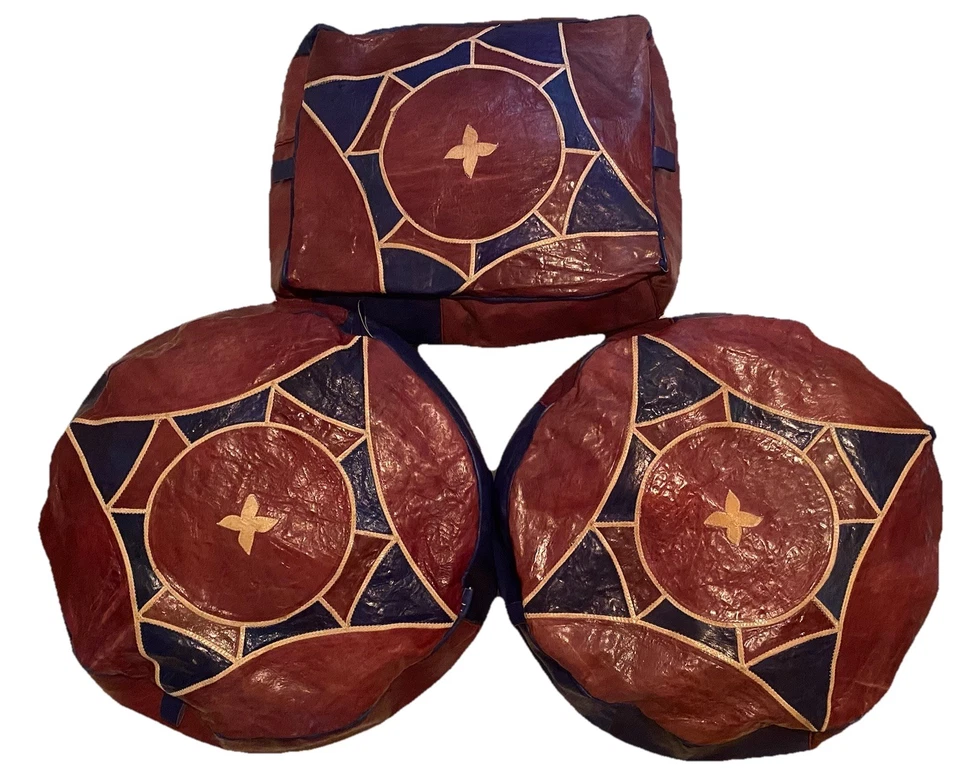 Set Of three Leather Pouf/Pillow Cover Unstuffed From Northern Ghana - Image 1 of 4