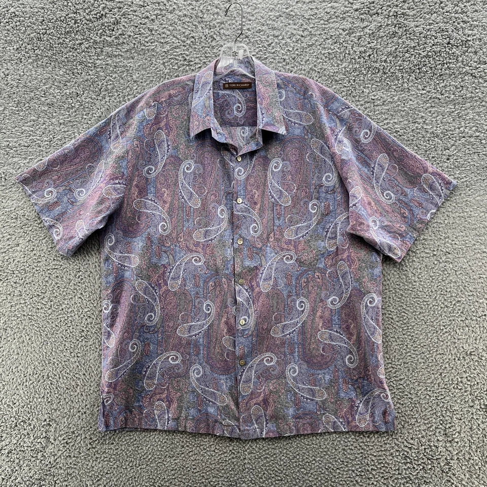 Camisa Tori Richard Hombres Grande Azul Púrpura Paisley Aloha Algodón Césped Hawaii EE. UU. Foto 1 de 4