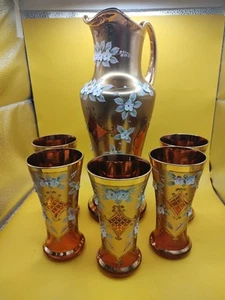 Luxury bohemia red glass pitcher enamel Cranberry Italian Enamel Flowers Vintage - Picture 1 of 22