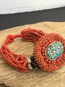 Vintage Tibetan Coral Turquoise Inlay Beaded Bracelet Sterling Silver  - Picture 1 of 6