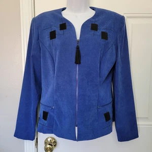 Vintage John Roberts Royal Blue Zip Up Jacket Black Geometric Design Size 10 - Picture 1 of 13