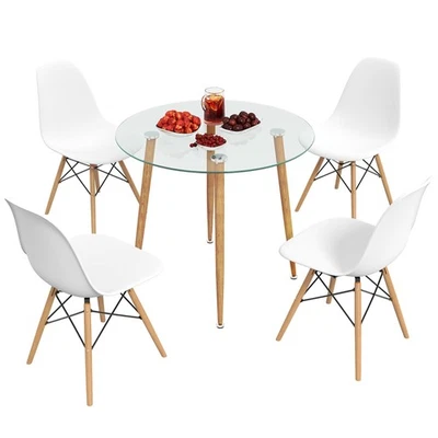 5 PCS Dining Table Set Tempered Glass Table 4 Chairs w/ Beech Wood Leg Kitchen - Image 1 of 4