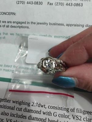 18 kwg Vintage Transitional Cut White Gold Bridal Set - Image 1 of 4