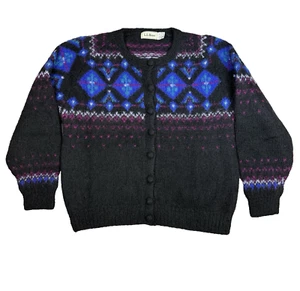 Vtg LL Bean Sweater Womens L Cardigan Mohair Wool Knit Nordic Fair Isle USA 80s - Picture 1 of 12