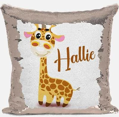 Personalised Giraffe Any Name Magic Reveal Gold Sequin Cushion Cover Gift 8 - Image 1 of 4