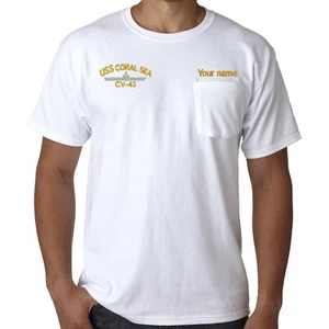 White T-shirt with Pocket / Embroidered pocket tee shirt USS CORAL SEA CV-43 - Picture 1 of 3