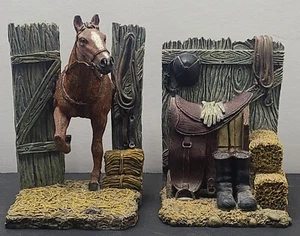 EUC Set Of 2 Slifka Western Style Rustic Cowboy Saddle & Horse Resin Bookends - Picture 1 of 15