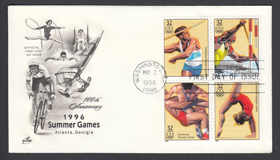 Summer Olympics 1996 USPS First Day Cover & 4 32c Commemorative Stamps Track - Image 1 of 1