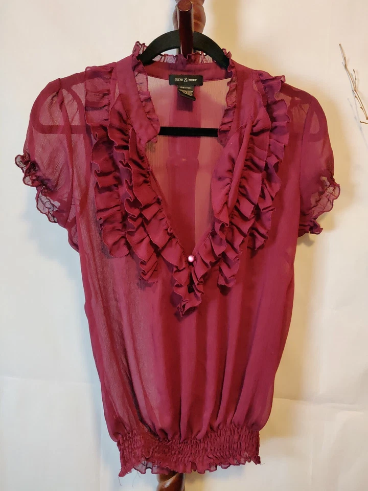 Sam & Max feminino L transparente top roxo gola V com babados SS parte inferior com faixas em excelente estado usado - Imagem 1 de 4