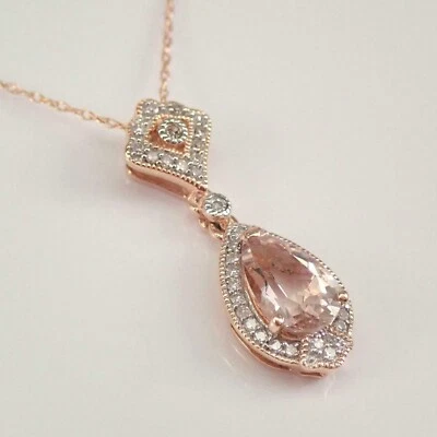 4Ct Pear Cut Morganite Lab-Created Halo Pendant 14K Rose Gold Plated Free Chain - Image 1 of 3