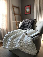 Chunky Knit Blanket - Gray and Ivory Throw - Soft Chenille Throw Blanket