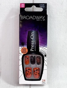 Broadway Press-On Glue Nails Orange & Black Pumpkin Spider Webs Glitter 63928 - Picture 1 of 1