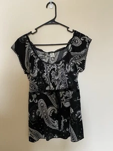 Y2K Top Woman Sleeveless Black Babydoll Retro Paisley Rhinestone Size L Petite - Picture 1 of 14