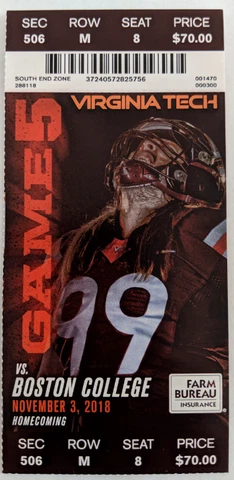 2018 Virginia Tech vs Boston College Ticket Stub 11/3/2018 Cover