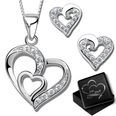Herz Ohrringe Halskette mit Anhänger echt 925 Silber für Damen Frauen Schmuckset - Bild 1 von 4
