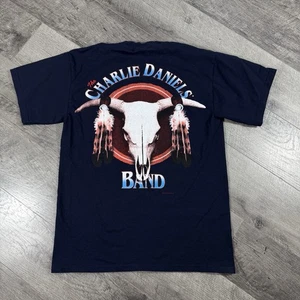 VNTG Y2K Dated Charlie Daniels Band Blue T-Shirt Longhorn Skull Logo Medium - Picture 1 of 4