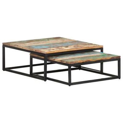Coffee Table Set of 2 Multicolor Reclaimed Wood Small - Image 1 of 4