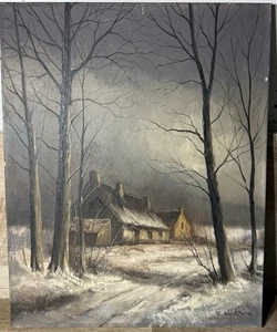 Early VTG European Oil On Canvas Farmhouse Winter Scene Signed R. Klein - Picture 1 of 15