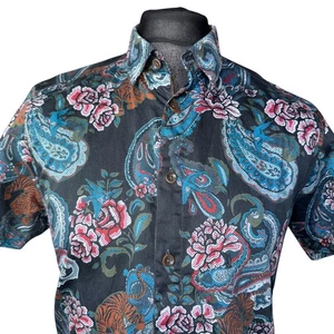 TED BAKER Shirt Mens Size 4 Fits MEDIUM (38-39") Short Sleeve Black Patterned - Picture 1 of 12
