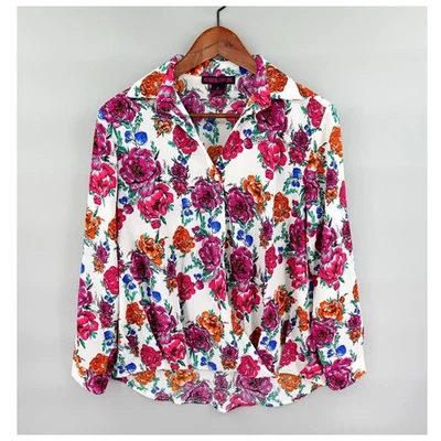 Rock & Roll Cowgirl Shirt Small Pink Roses Bold Surplice Boho Western Rodeo - Image 1 of 4