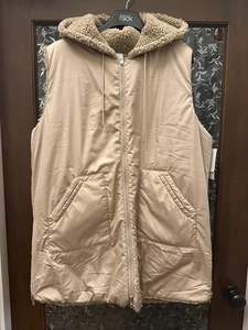 Zella Tan Taupe Faux Fur Reversible Hooded Vest Long Line Side Zip New XXL - Picture 1 of 22
