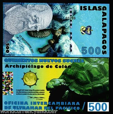 GALAPAGOS ISLANDS 500 SUCRE 2010 / 2011 TURTLE POLYMER UNC ECUADOR MONEY 1 NOTE - Image 1 of 2
