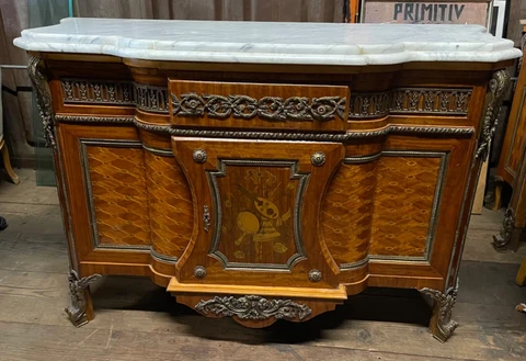 Louis XV Style French Marble Commode with Ormolou & Marquetry Cover