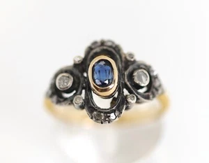Antik Silber Gelbgold 800 + 585 14kt Damenring Saphir + Diamanten - Rosen Rg. 59 - Bild 1 von 17