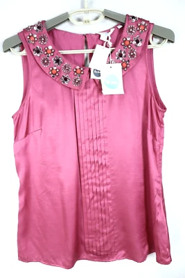 NUEVO CON ETIQUETAS BODEN Camiseta sin mangas para mujer con cuello de seda viscosa plisada con cuentas rosa talla 4 Foto 1 de 4