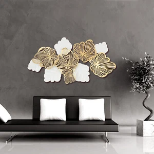 Metal Flowers & Leaves Wall Art Large White & Gold Sculpture Hanging Home Decor - Picture 1 of 16