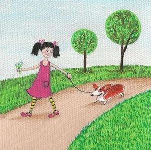4x4 IMPRESIÓN DE ARTE POPULAR DE PINTURA PEMBROKE GALÉS CORGI PRIMAVERA RYTA PERRO PASEO FLORES - Imagen 1 de 1