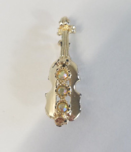 Vintage Guitar Pin Brooch Aurora Borealis Rhinestones Gold Tone Metal 753Mim